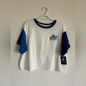 📚DROP⬇️ CHAMPION • White & Blue Cropped Tee • size XL •